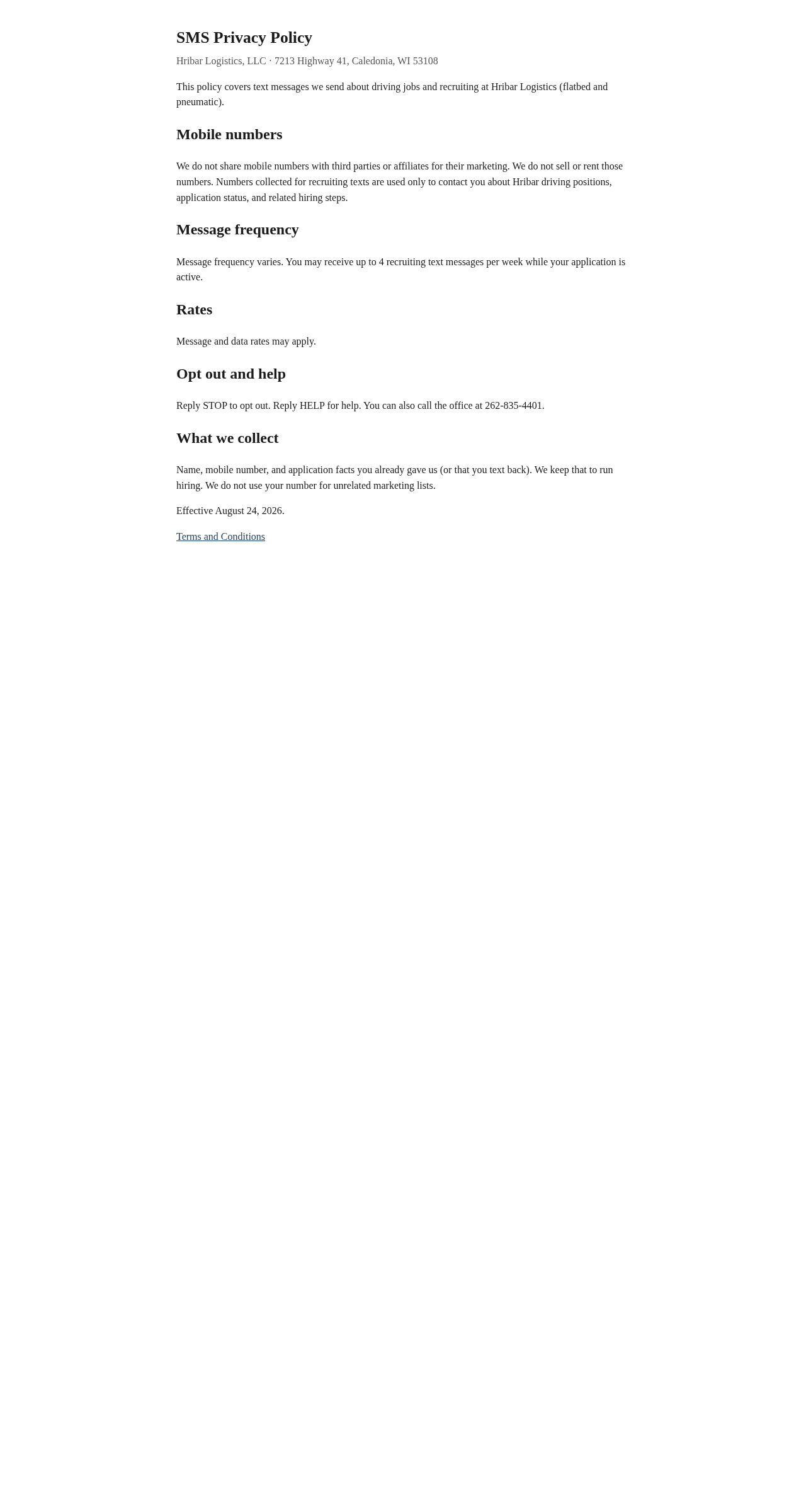 SMS Privacy Policy: no sharing of mobile numbers, frequency, rates, STOP HELP