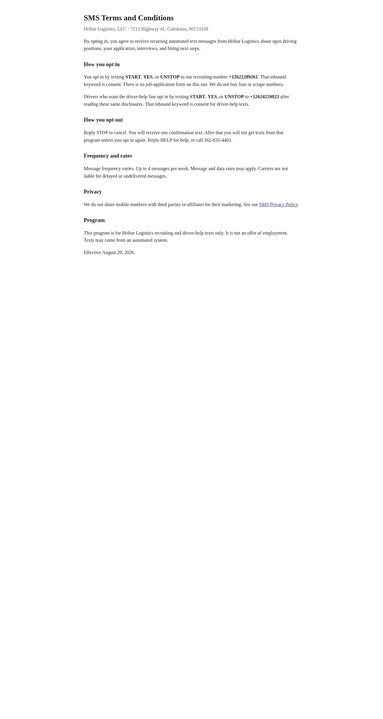 SMS Terms: keyword opt-in START YES UNSTOP, no job-application form